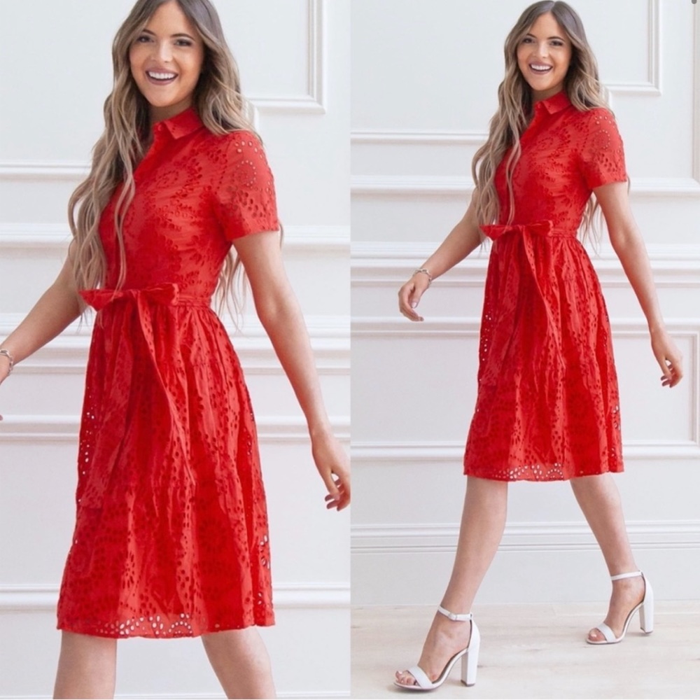 Rachel Parcell Red Poppy Tiered Eyelet Shirt Dress